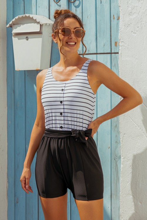 Striped Scoop Neck Button Belt OnePiece Swimsuit