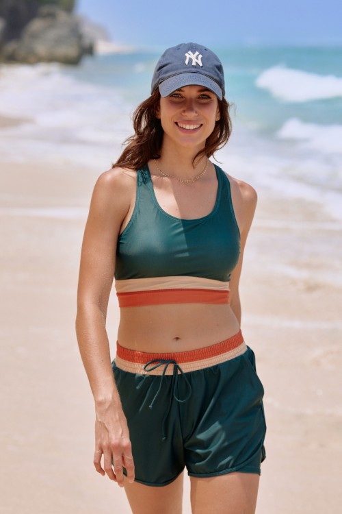 Teal Color Block Square Neck Wide Straps Sporty Bikini Top And High-waist Boy Shorts