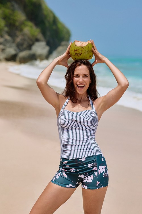 Striped & Floral Halter Strap Sweetheart Neck Ruching Tummy Control Casual One-Piece Swimsuit