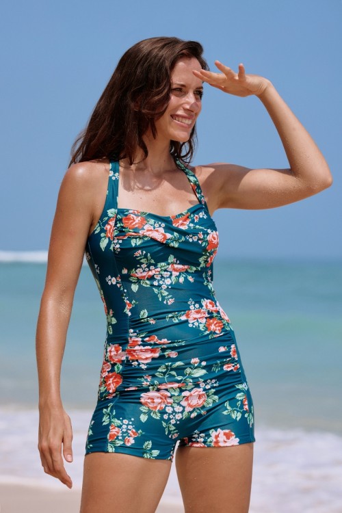 Floral Halter Strap Sweetheart Neck Ruching Tummy Control Casual One-Piece Swimsuit