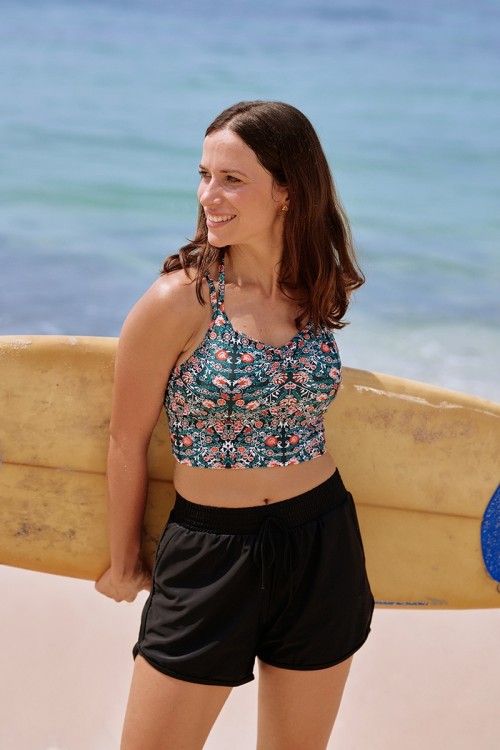 Colorful Floral V-Neck Spaghetti Strap Cross Back Sporty Bikini Top And High-Waist Boy Shorts Set