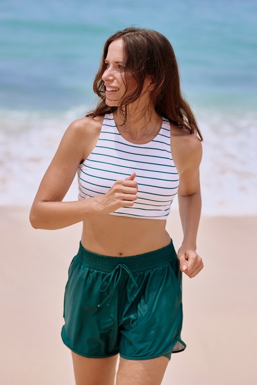 Green Striped Square Neck Wide Straps Crossback Sporty Bikini Top And Floral High-waist Boy Shorts Set
