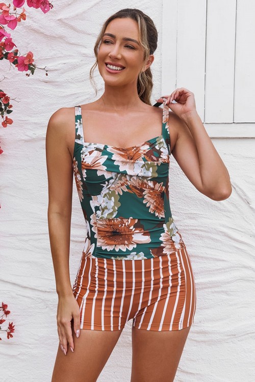 Colorful Floral & Orange Stripe Adjustable Straps Sweetheart Neck Ruching Tummy Control Casual One-Piece Swimsuit