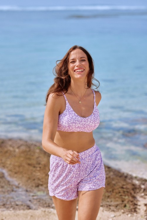 Pink Floral Scoop Neck Adjustable Spaghetti Strap Basic Bikini Top And High-waist Boy Shorts