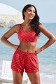Red Plaid Scoop Neck Adjustable Straps Bikini Top And High-waist Boy Short