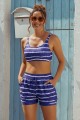 Blue Striped Square Neck Adjustable Straps Sporty Bikini Top And High-waist Boy Shorts