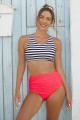 Striped Scoop Neck Crossback Active Bikini Top And Red High-waist Bottom