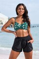 Floral  Sweetheart Neck Adjustable Straps Bikini Top And Black High-waist Boy Short