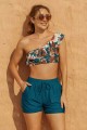 Coffee Floral Print One Shoulder Crop High Waist Bikini Top And Blue High-waist Boy Shorts