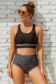 Black Color Block Scoop Neck Zipper Back Bikini Top And High-waist Bottom