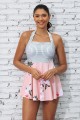 White &  Pink Colorblock Stripe Halter Straps Sweetheart Neck Casual Swimdress