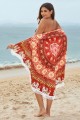 Red Floral Print Tassel Beach Towel