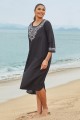 Black Floral Scoop Neck Long Sleeves Beach Dress