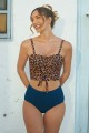 Tie Front Leopard Print Bikini Top With Blue Bottom