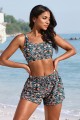 Colorful Floral Scoop Neck Adjustable Straps Sporty Bikini Top And High-waist Boy Shorts Set