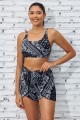 Black Floral Adjustable Straps Bikini Top And Unique Short Set