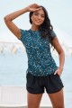 Blue Floral High Neck Short Sleeves Zipper Front Side Drawstring Tankini Top And Floral High-Waist Boy Shorts Set