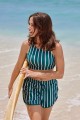 Green Striped Scoop Neck Sporty Bikini Top With High-waist Boy Legs