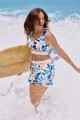 Blue Floral  Square Neck Wide Straps Sporty Bikini Top And High-waist Boy Shorts