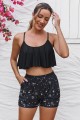 Black Scoop Neck Ruffled Hem Cute Bikini Top And High-Waist Boy Shorts Set