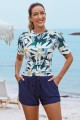 Floral Pattern Round Neck Sleeves Zipper Back Side Drawstring Tankini Top And High-Waist Boy Shorts Set