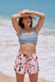 Striped Scoop Neck Adjustable Straps Bikini Top And Floral High-waist Boy Short