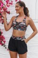 Black Floral Mesh Patchwork Square Neck Wide Straps Bikini Top And High-Waist Boy Shorts Set