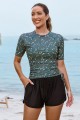 Floral Round Neck Short Sleeves Zipper Back Side Drawstring Tankini Set