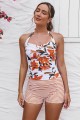 Striped & Floral Halter Strap Twisted Front Ruching Tummy Control Casual One-Piece Swimsuit