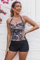Black Floral Halter Strap Twist Front Ruching Tummy Control Casual One-Piece Swimsuit