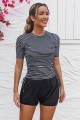 Black Stripe Round Neck Short Sleeves Zipper Back Side Drawstring Tankini Top And High-Waist Boy Shorts Set