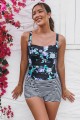 Floral & Stripe Adjustable Straps Twisted Front Ruching Tummy Control Casual One-Piece Swimsuit