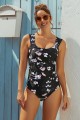 Black Floral Wide Strap Ruched Tummy Control Casual One-Piece Swimsuit