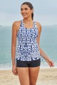Blue Unique Geometric Pattern Scoop Neck Drawstring Sides Sporty Tankini Set