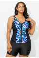Black Wide Straps Zip Front Sporty Tankini Set