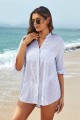 White Striped Collar Neck Buttoned Elbow Sleeves Cover Up