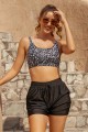 Black Floral Square Neck Adjustable Straps Sporty Bikini Top And High-waist Boy Shorts