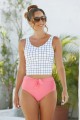 White Checked Tankini Top With Red Knotted Bottom