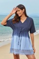 Blue VNeck Lace Hem Drawstring Tie Beach Dress with Sleeves