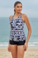 Black Unique Pattern Scoop Neck Drawstring Sides Sporty Tankini Set