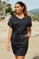 Solid Black V Neck Lace Drawstring waistband Beach Dress