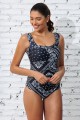 Black Floral Scoop Neck Wide Straps Tummy Control OnePiece Swimsuit