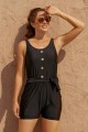 Solid Black Scoop Neck Button Belt OnePiece Swimsuit
