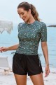 Floral Round Neck Short Sleeves Zipper Back Side Drawstring Tankini Set