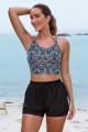 Colorful Floral VNeck Spaghetti Strap Cross Back Sporty Bikini Top And HighWaist Boy Shorts Set