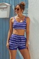 Blue Striped Square Neck Adjustable Straps Sporty Bikini Top And HighWaist Boy Shorts
