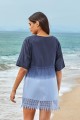 Blue VNeck Lace Hem Drawstring Tie Beach Dress with Sleeves