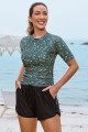 Floral Round Neck Short Sleeves Zipper Back Side Drawstring Tankini Set