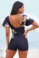 Vintage Black Floral V Neck Flutter Sleeves Belt OnePiece Swimsuit with Shorts