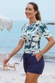 Floral Pattern Round Neck Sleeves Zipper Back Side Drawstring Tankini Top And HighWaisted Boy Shorts Set